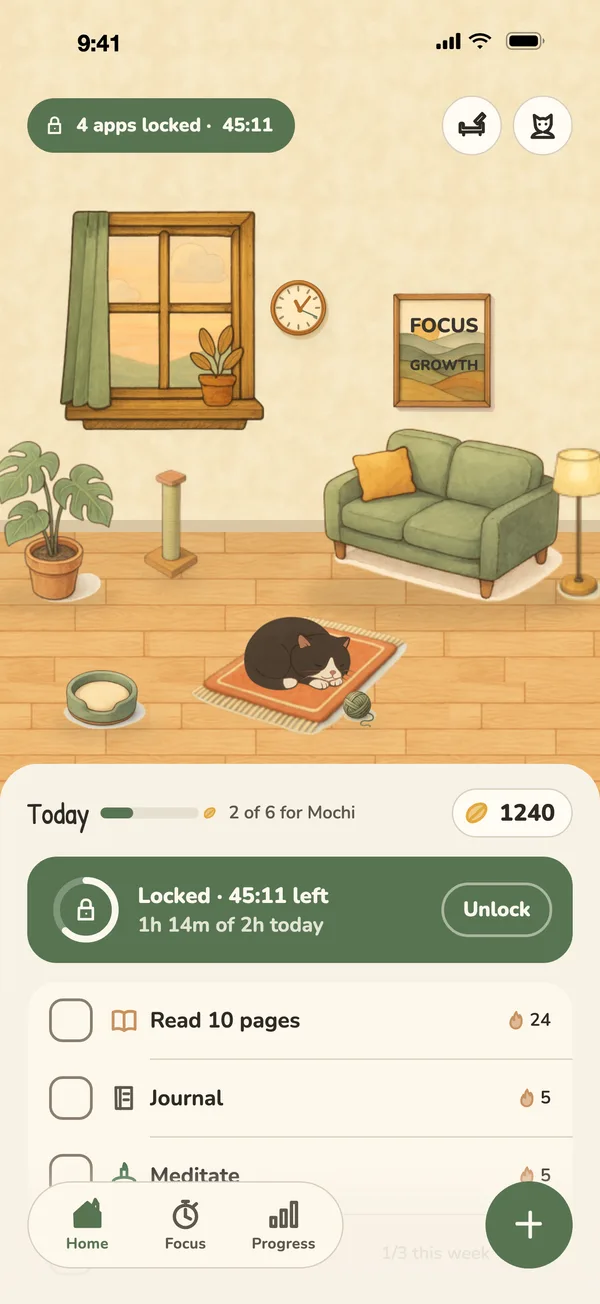 Home screen: four apps locked, the cat asleep on the rug, 43 minutes left