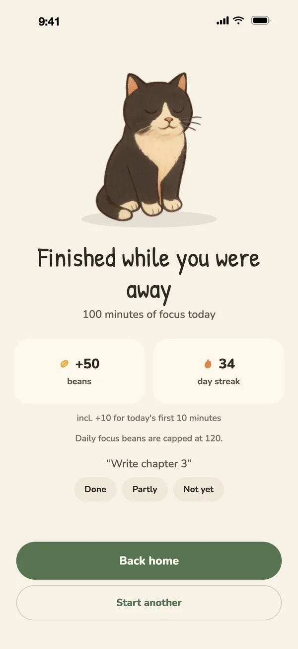Focus complete screen: 100 minutes of focus today, plus 50 beans, 34 day streak