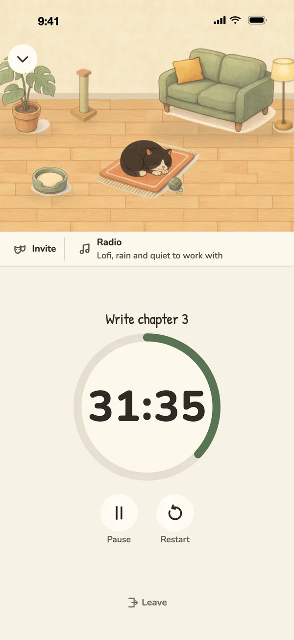 Focus timer at 31:17 for 'Write chapter 3' while the cat sleeps in the room above