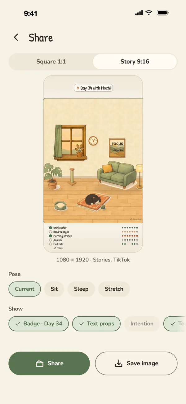 Share screen with a story card that reads 'Day 34 with Mochi'